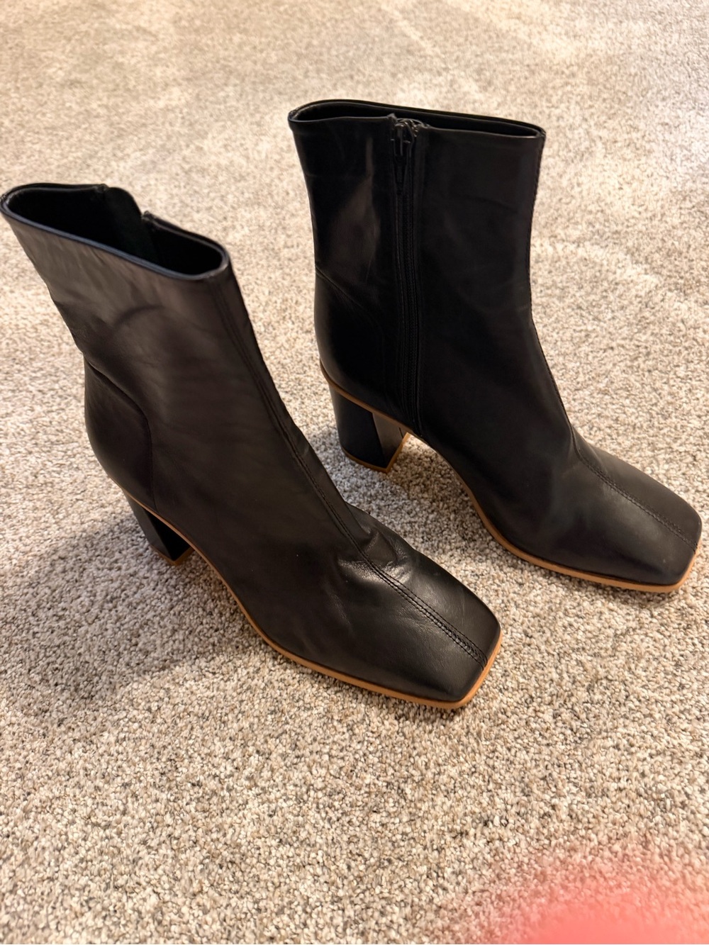 Free People Black Square-Toe Leather Mid Heel Ankle Boots